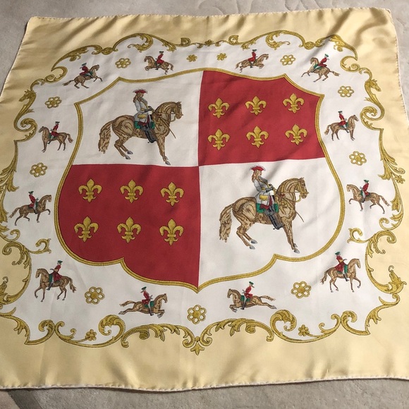Accessories - Equestrian Crest Print Silk Scarf - Red, Cream, Gold